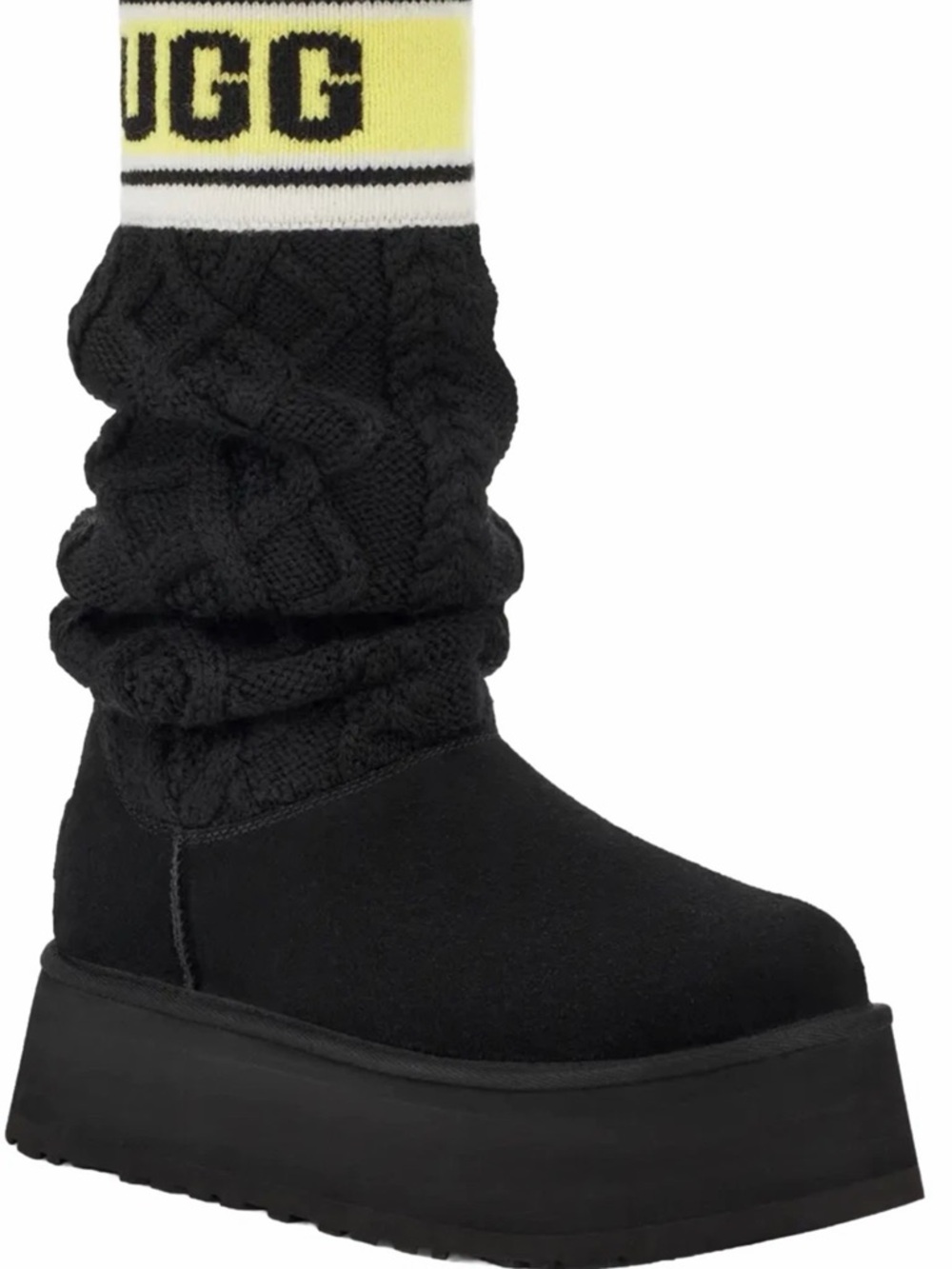 UGG Black Cable-Knit Platform Boot with Yellow Logo Cuff - Picture 2 of 4
